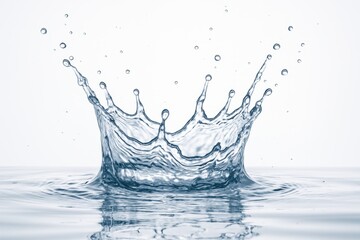 Dynamic, crystal clear water splash frozen in mid-air, with individual droplets and intricate crown formation, isolated on a stark white background, perfect for beverage or purity concepts.