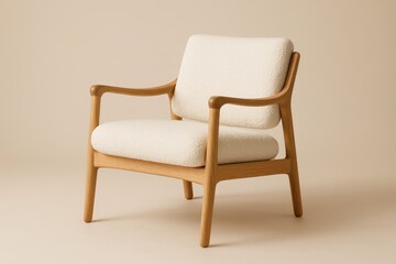 Fototapeta premium Elegant minimalist light oak wood armchair with plush white boucle upholstery, showcased against a soft neutral backdrop, perfect for high-end interior design mockups and furniture catalogs.