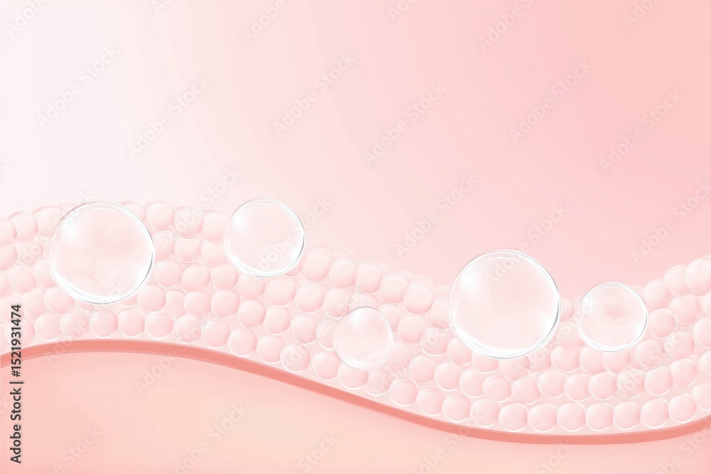 Poster soft pink background with smooth texture, featuring transparent bubbles and rounded shapes, creating