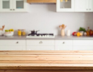 Space for product montage on wooden table top over blurred kitchen counter interior background