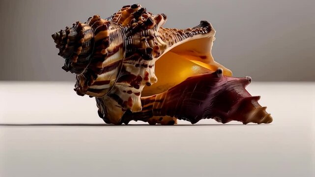 Intricate seashell resting on a white surface, showcasing its unique patterns and shape with an open chamber.