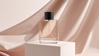 Perfume bottle mockups, without label, creative background, placed on a cube, 3d realistic perfume botlle mockup, bottle mockups, glass bottle, fabric, glass jar.