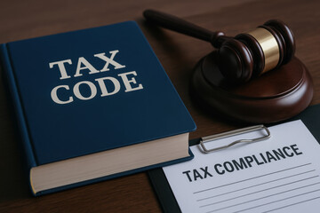 Tax code book and tax compliance document on clipboard with judge gavel nearby represent legal deal and regulation concepts