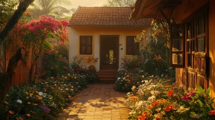 Fototapeta premium A charming house with a vibrant flower garden under sunlight