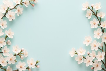 Fototapeta premium Beautiful spring floral border background featuring delicate white cherry blossom branches with soft pink hues arranged along the top or side on a clean light pastel background with ample copy space.