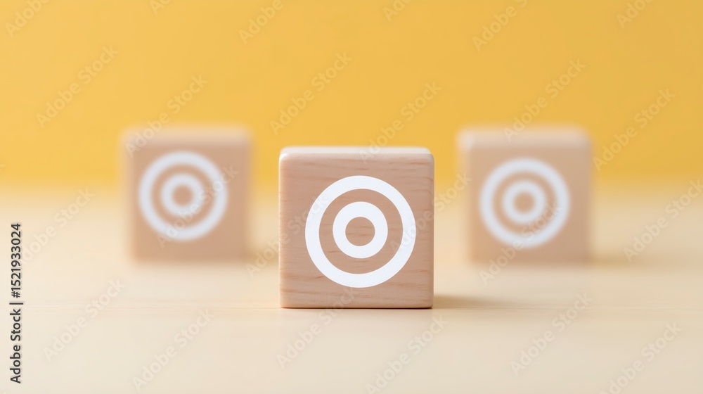 Poster wooden blocks with circular target symbols are arranged on a light wooden surface, creating a visual
