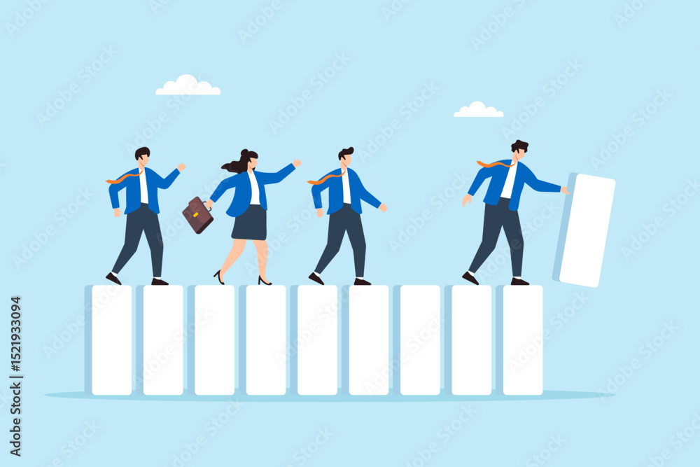 Poster flat illustration of business leader placing domino tiles to build workflow path while team follows