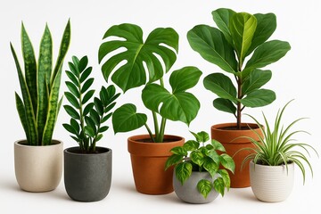 Collection of various popular indoor house plants like snake plant fiddle leaf fig and pothos in stylish ceramic pots of different sizes and colors isolated on a clean white background.