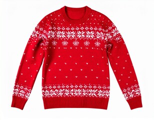 Red knitted Christmas ornated sweater isolated on white, winter holiday clothes. New year symbol. Knitwear. Traditional decorated jumper. 