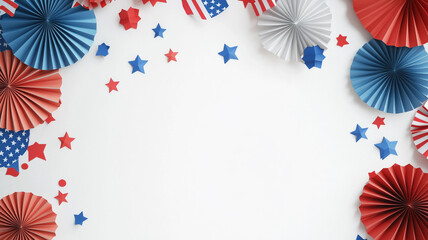 Obraz premium USA stars and stripes paper fans border on white, ideal for patriotic events and festive holiday promotions.
