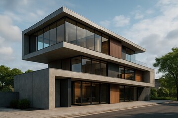 Fototapeta premium Detailed 3D architectural rendering of a modern residential or commercial building showcasing innovative design sustainable materials and realistic lighting and textures.
