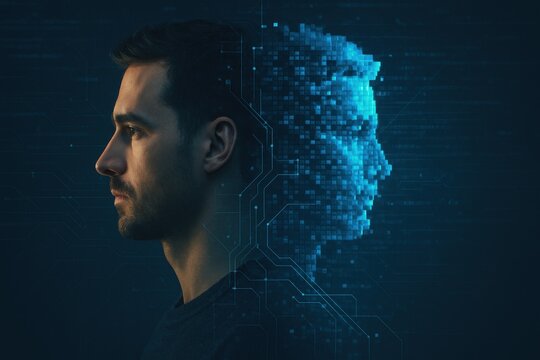 Conceptual image exploring virtual identity a man's profile partially merging or interacting with a digital or pixelated avatar of himself against a futuristic background with copy space.