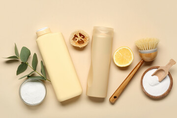 Composition with natural products for cleaning and brush on color background
