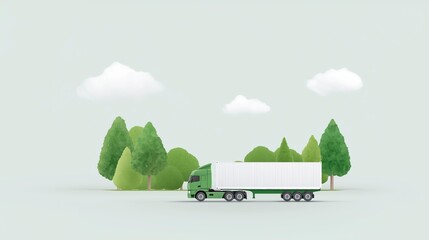 Obraz premium Green delivery truck with white container driving through a serene landscape featuring stylized trees and clouds, illustrating transportation and logistics in a modern environment