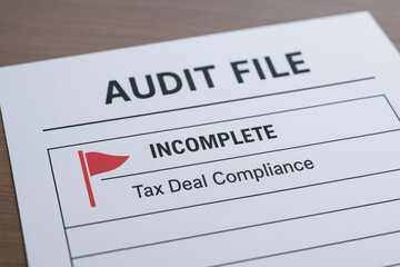 Audit file incomplete with tax deal compliance warning on document with red flag on wooden table
