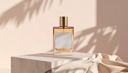Perfume bottle mockups, without label, creative background, placed on a cube, 3d realistic perfume botlle mockup, bottle mockups, glass bottle, fabric, glass jar. 