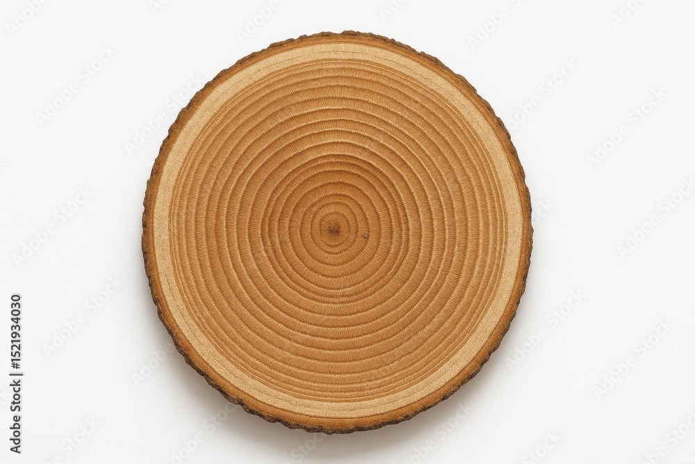 Poster high-angle top view of a circular cross-section of a tree trunk showing detailed annual growth rings