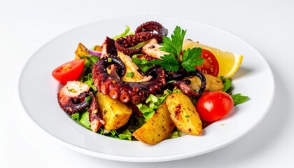 Warm salad with octopus, potatoes, tomatoes and lemon on a white plate. Close-up, white background.