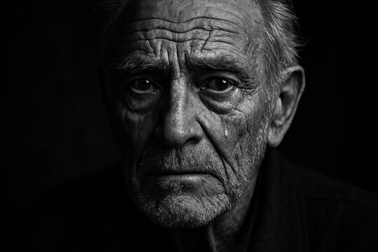 Intense close-up black and white portrait of a weathered elderly man his face a roadmap of life's experiences tears welling in his expressive eyes conveying deep emotion and untold stories.