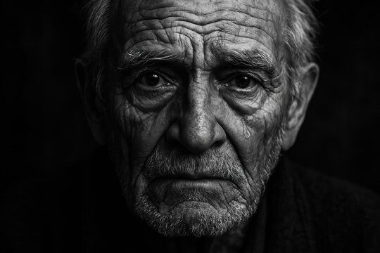 Intense close-up black and white portrait of a weathered elderly man his face a roadmap of life's experiences tears welling in his expressive eyes conveying deep emotion and untold stories.
