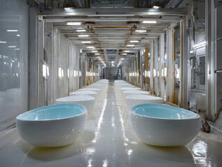 Ceramic toilet bowls moving through robotic 