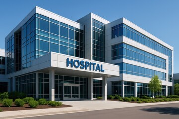 Modern hospital building exterior featuring a sleek glass and steel facade with clean lines and landscaped green spaces conveying architectural elegance and advanced healthcare.