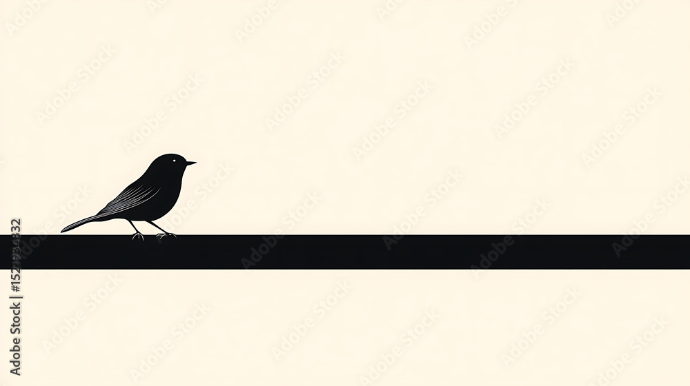 Fototapete flat minimalist illustration of a small bird perched on a black horizontal line aligned to the left 