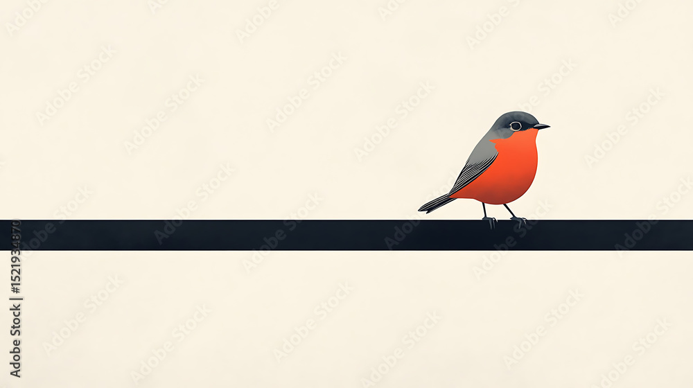 Fototapete flat minimalist illustration of a small bird perched on a black horizontal line aligned to the left 