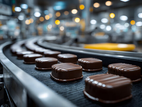 Chocolate enrobing conveyor in food-grade factory