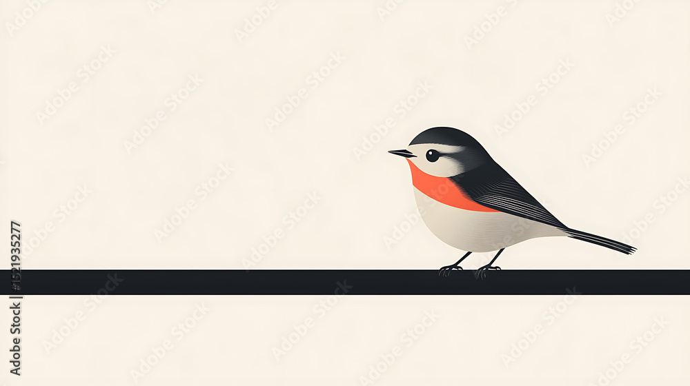 Fototapete flat minimalist illustration of a small bird perched on a black horizontal line aligned to the left 