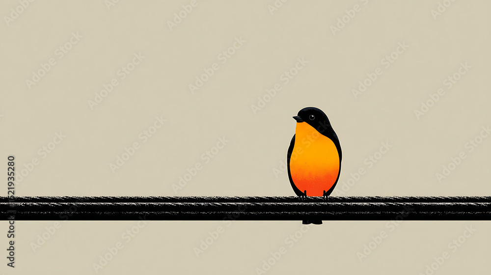 Fototapete flat minimalist illustration of a small bird perched on a black horizontal line aligned to the left 