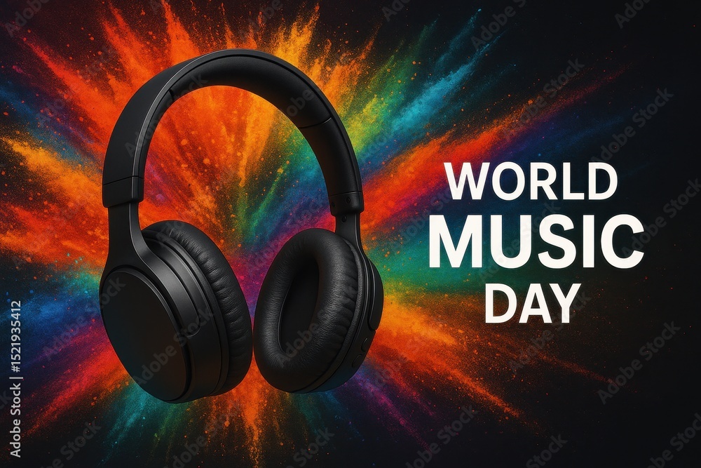 Poster vibrant world music day banner featuring stylish wireless headphones against a dynamic abstract back