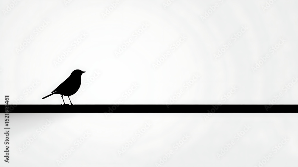 Fototapete flat minimalist illustration of a small bird perched on a black horizontal line aligned to the left 
