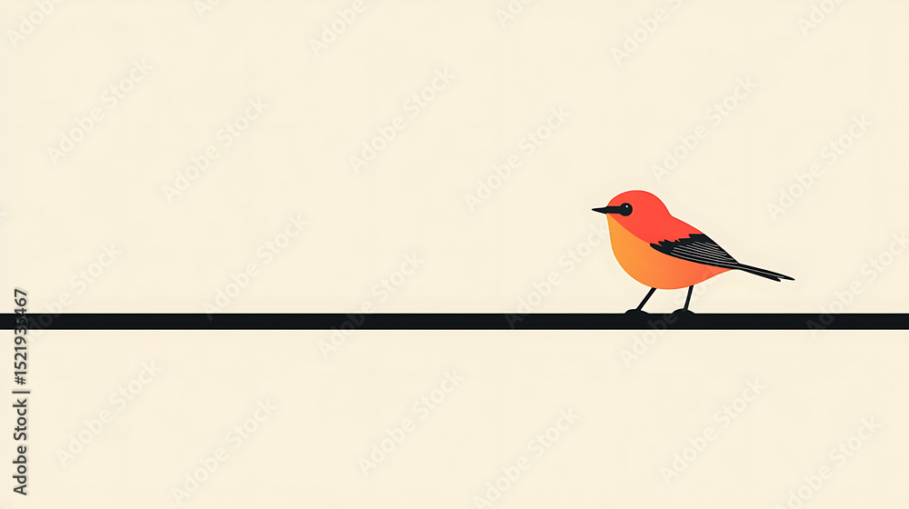 Fototapete flat minimalist illustration of a small bird perched on a black horizontal line aligned to the left 