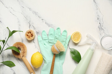 Composition with natural products, supplies for cleaning and plant leaves on light background