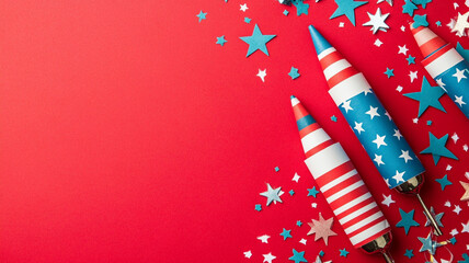 Naklejka premium Fourth of July celebration background with festive rockets and stars on red, perfect for Independence Day designs.