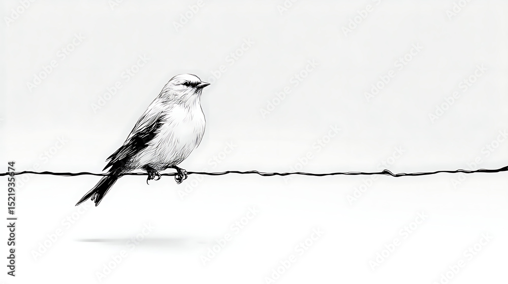 Fototapete flat minimalist illustration of a small bird perched on a black horizontal line aligned to the left 