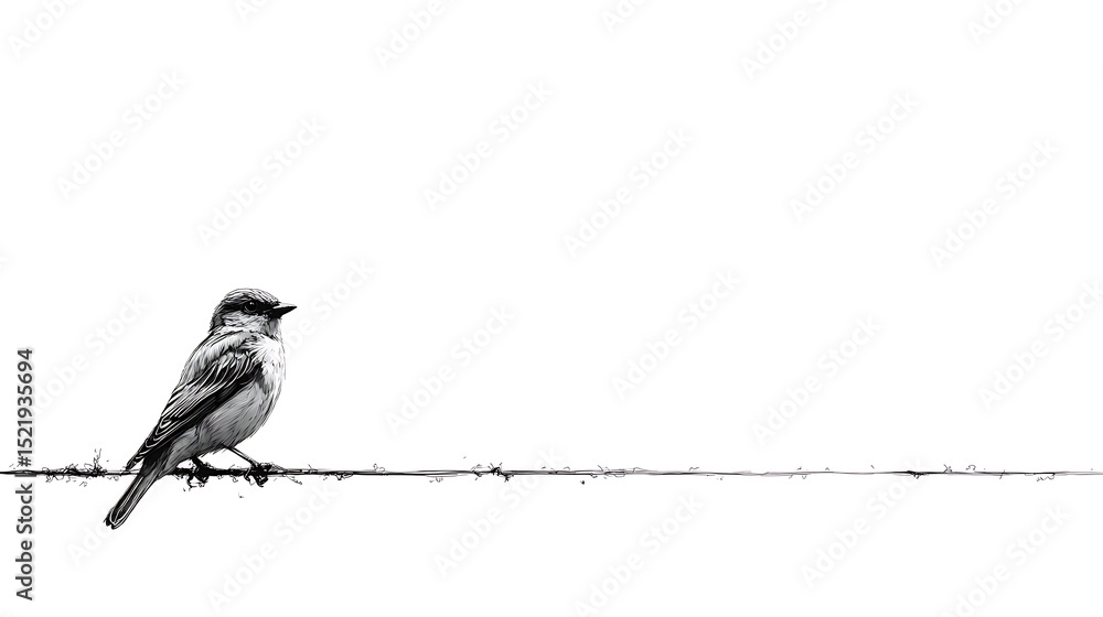 Fototapete flat minimalist illustration of a small bird perched on a black horizontal line aligned to the left 
