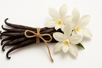 Aromatic Vanilla Sticks or Beans Tied Together with Delicate White Vanilla Flowers on a Clean White Background