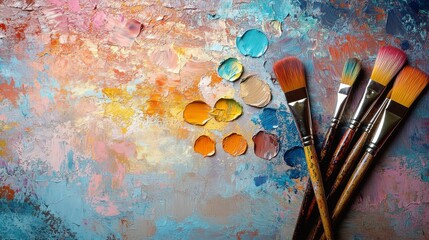 Fototapeta premium Colorful Palette with Paints and Brushes on Artistic Background