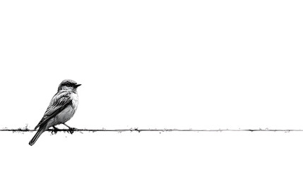 Flat minimalist illustration of a small bird perched on a black horizontal line aligned to the left side over a plain white background with clean vector style and empty space on the right side