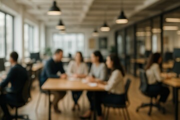 Blurred Modern Office Interior Background with People Working Collaboratively and Meeting at a Table Business Concept