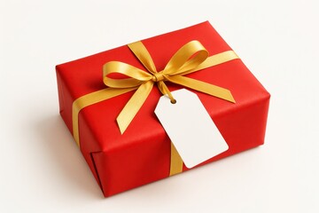 Fototapeta premium Bright Red Gift Package with a Blank White Tag Tied with Ribbon Isolated on a Clean White Background