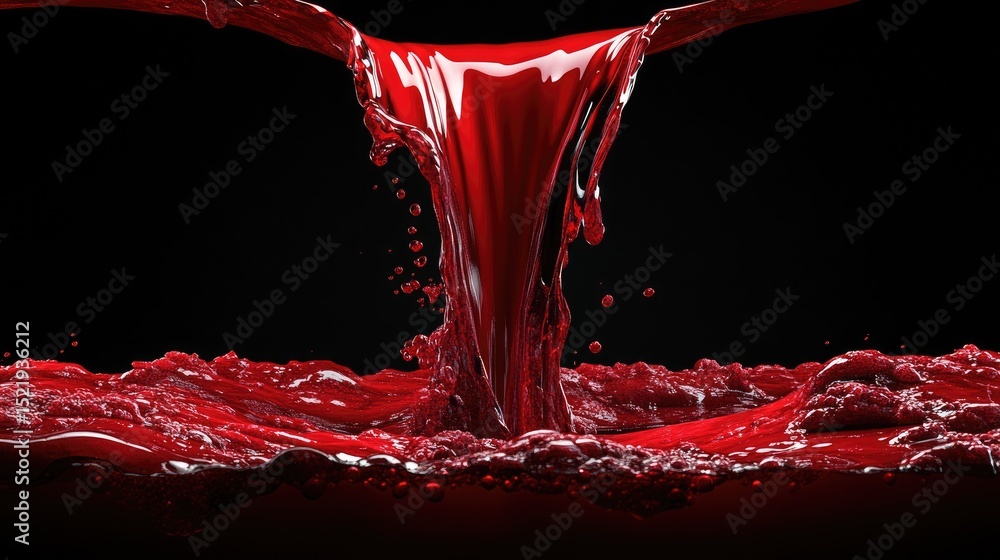 Poster a mesmerizing cascade of deep red liquid pours into a dark vessel, its smooth flow captured under mo