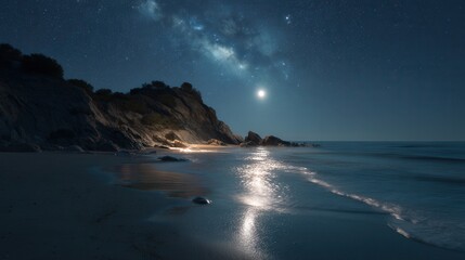 Mesmerizing Night Beach Scene 8K Moonlight, Starry Sky, and Ocean Waves