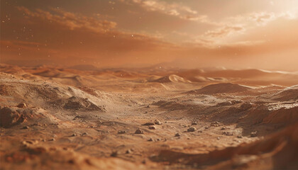 Fototapeta premium A fantasy view of the surface of Mars under the red light of sunset.