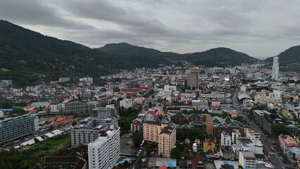 Aerial drone view of phuket patong town city thailand bangla road beach 