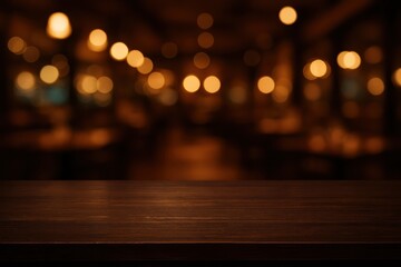 Elegant Wooden Table in the Foreground with a Softly Blurred Restaurant Lights Background for Product Placement