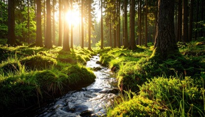 Obraz premium Enchanting forest stream bathed in golden sunlight creating a serene view