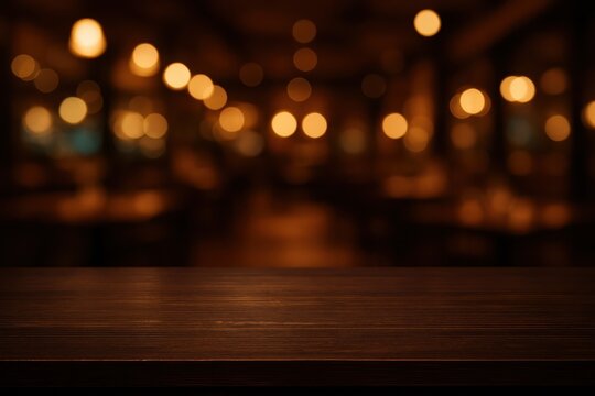 Elegant Wooden Table in the Foreground with a Softly Blurred Restaurant Lights Background for Product Placement